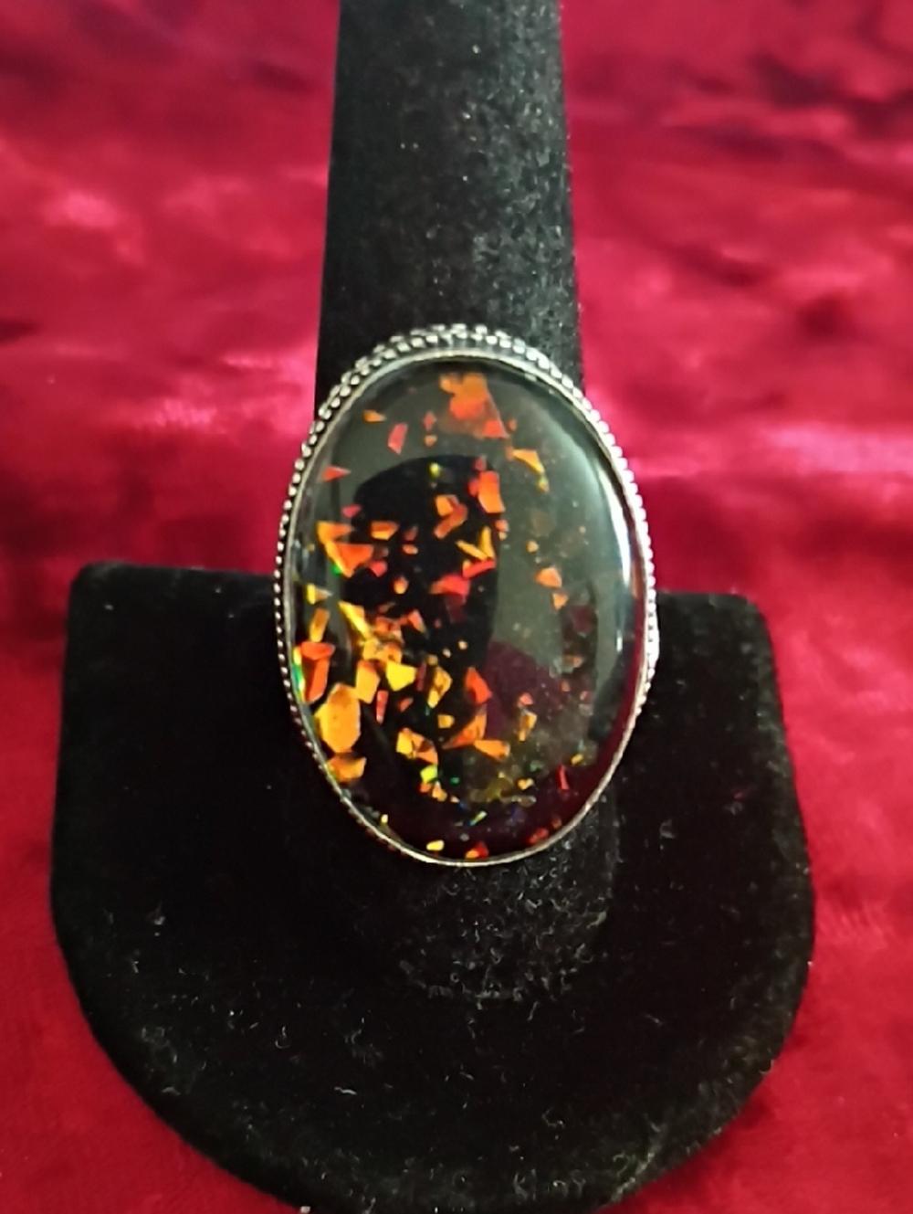 Black and Orange Fire Opal Oval Statement Ring